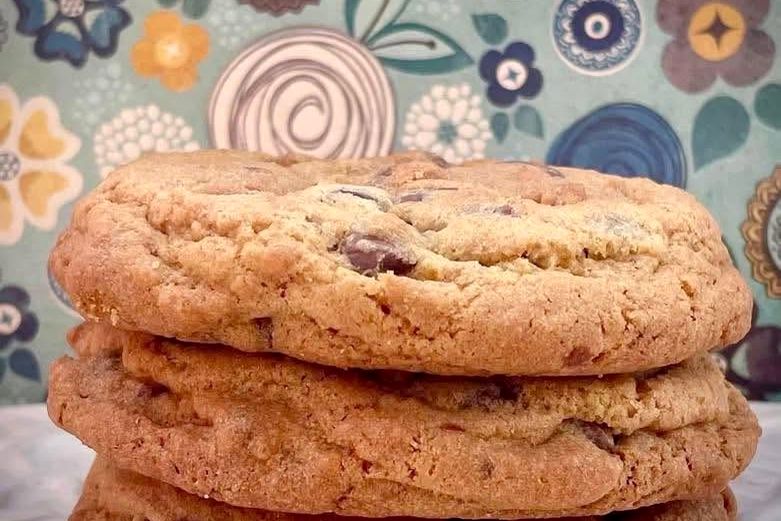 Stack of three chocolate chip cookies